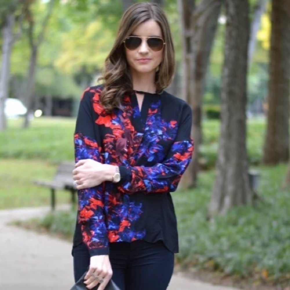 Parker Silk Black and Blue Floral Blouse